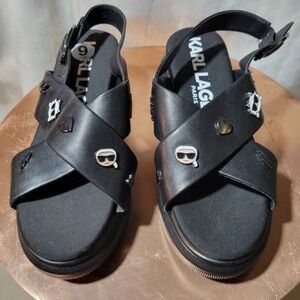 Karl Lagerfeld Paris Black Platform Sandals Women embellished KARL LOGO charms